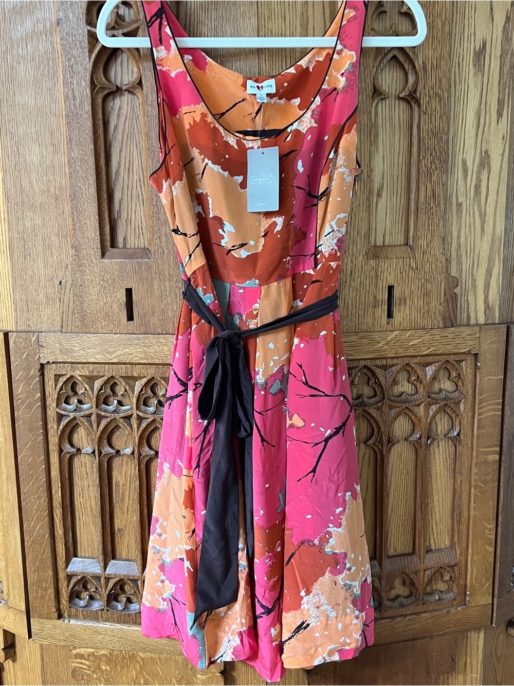 Sleeveless Pink & Orange Floral-Print Midi Dress with Black Waist Tie